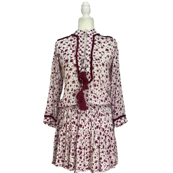 POUPETTE ST BARTH Donna Tunica Mini Dress in Rayon Georgette Print Purple Tassel - Picture 2 of 11